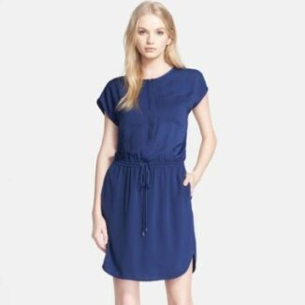 Vince navy Blue Drawstring Waist Short Sleeve Shift shirt Dress Womens Medium